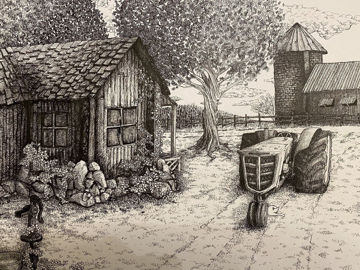 Detailed black-and-white pen-and-ink drawing of a tractor between farm buildings and trees.