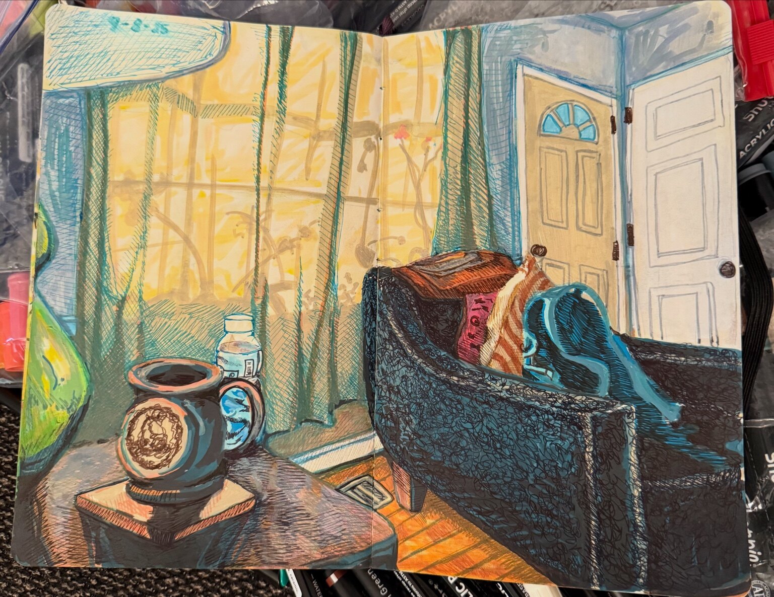 Color sketchbook drawing of a chair, side table, mug, window, and doorway in a sunlit interior.