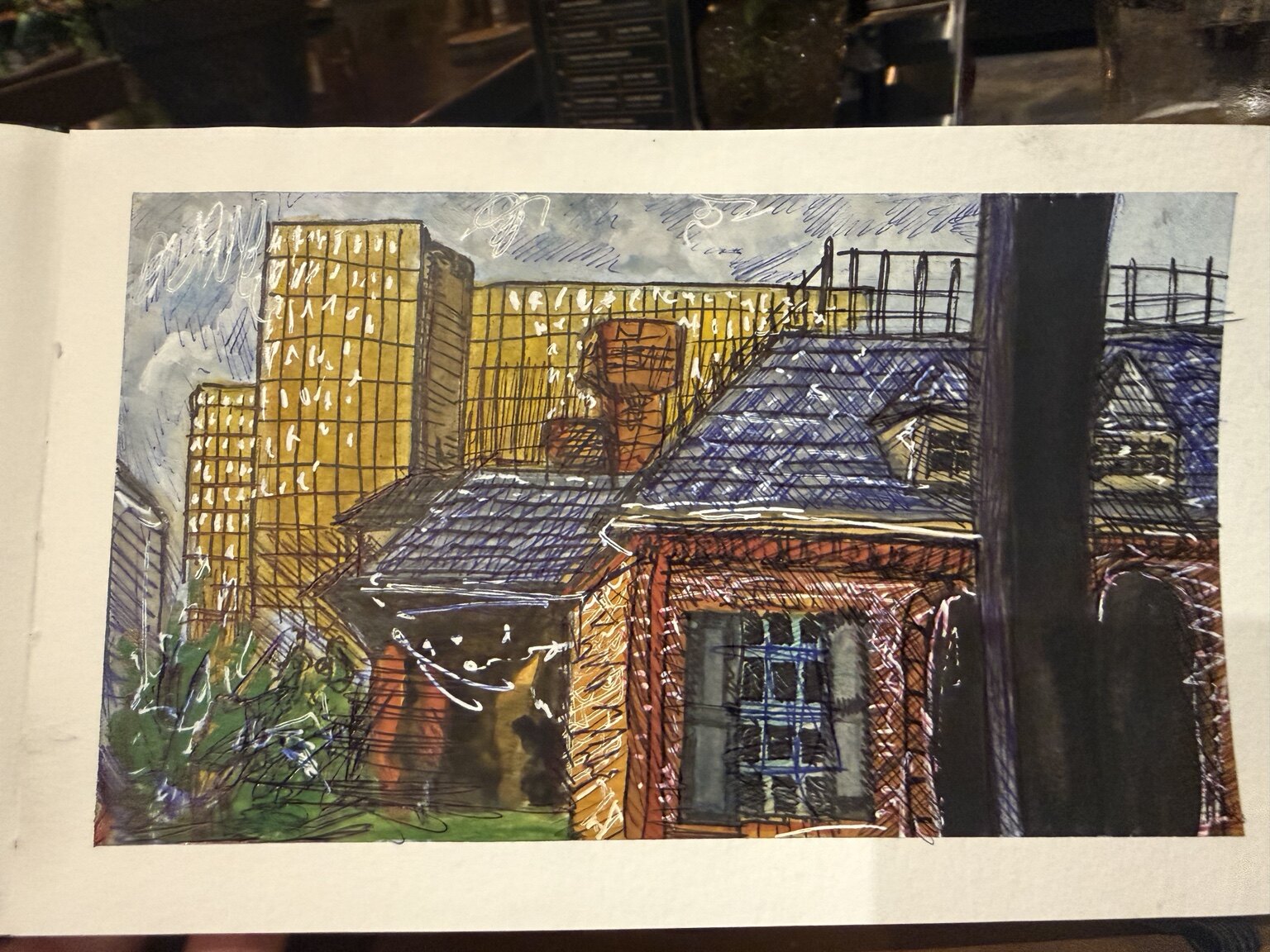 Expressive mixed-media cityscape contrasting an older brick building with modern glass towers.